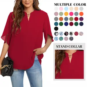 Funlingo Women's Summer Tops Short Sleeve Casual Shirts V Neck Chiffon Dressy Blouse Tops