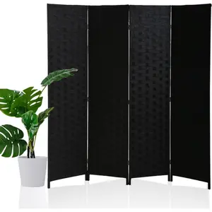 Room Divider 6FT(H) Wood Screen 4 Panels Woven Design Privacy Screen Indoor Portable Partition for Living Room & Bathroom Eco-Friendly Material
