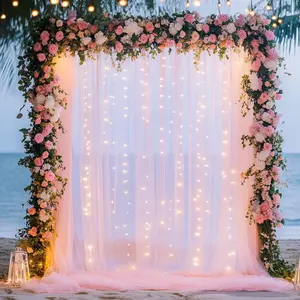 4 Panels-5ft x 10ft Pink Tulle Backdrop Curtain with Lights String for Parites, Sheer Photo Backdrop Curtains with Lights for Wedding Backdrop Ceremony Reception Bridal Shower Baby Shower Birthday Party