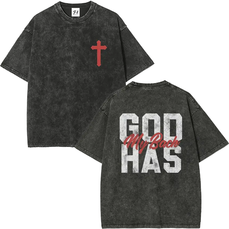 Men's Vintage Graphic T-Shirt, 260g Heavyweight Cotton, Retro Acid Washed Streetwear with "God Has My Back" Cross, Oversized Plus Size Fit, Aesthetic, Natural, Oversized T Shirt, Shortsleeve, Cotton Graphic Tees, Oversized Graphic Tee