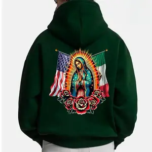 Virgen de Guadalupe Hoodie – Mexican American Flag Graphic Pullover, Menswear Casual Hoodie for Streetwear – Made in USA