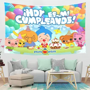 Plim Plim Birthday Tapestry - Fun Party Backdrop & Retro Cartoon Wall Hanging outdoorfun  Living Room bedroom decor cool stuff for room chill room accessories tapestry trippy room decor girly bedroom decor Decoration cheap bedroom decor