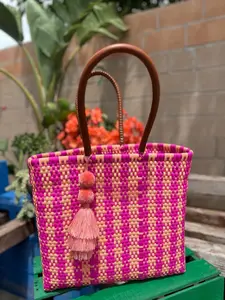 XL Handwoven Mexican Market Bag with Leather Straps Pink & Yellow Striped Tassel Detail Meaningful Gifts