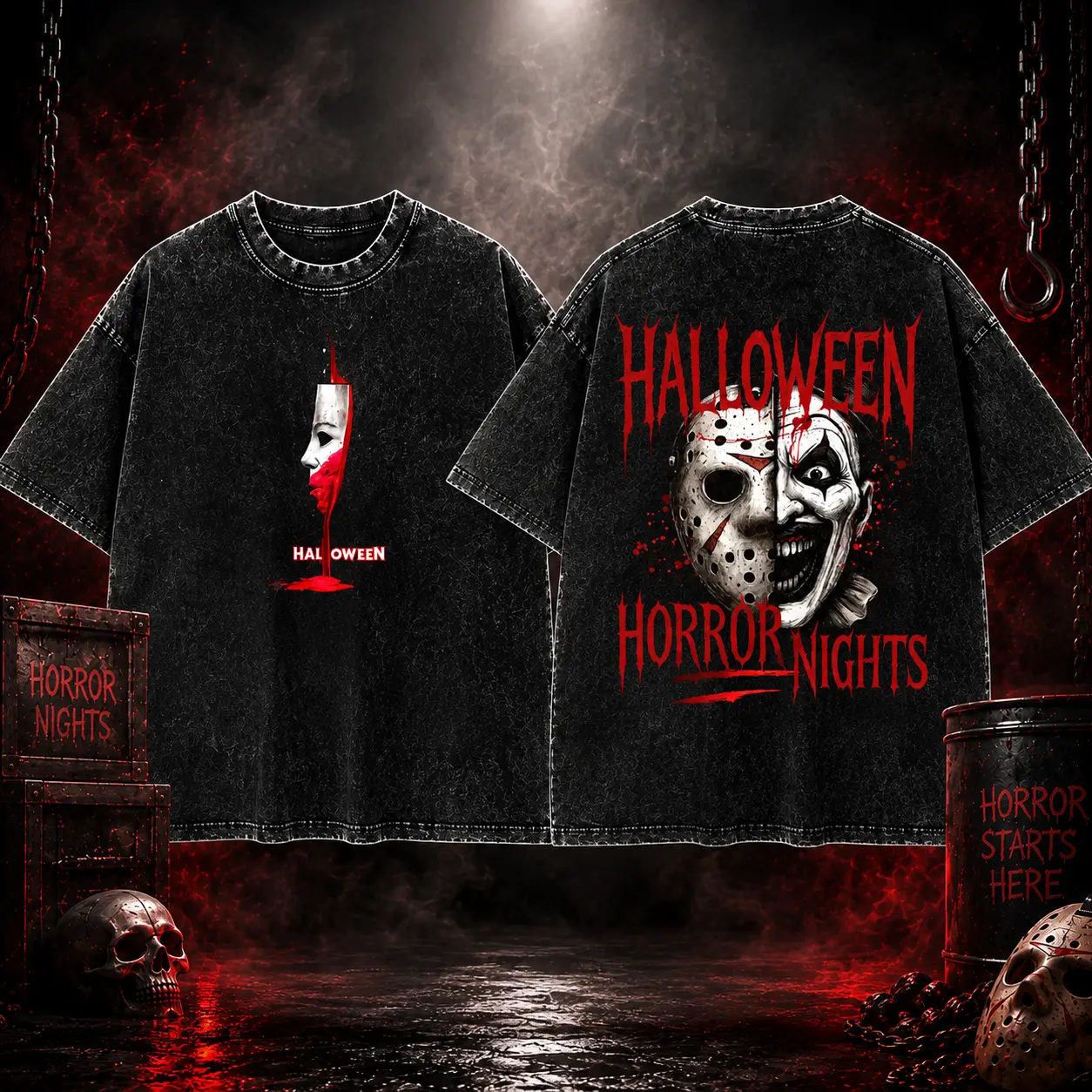 Horror Halloween Washed T Shirt, Vintage Gothic Graphic Tee, Dark Streetwear Top for Horror Fans, Spooky Season Outfit