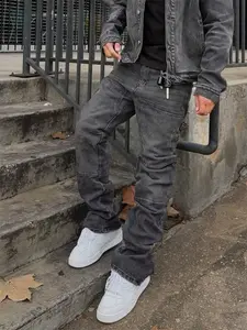 Men's Stylish Baggy Straight Regular Fit Jeans Streetwear Trousers Splice Beige Plain Color Loose Casual Denim Pants with Pocket