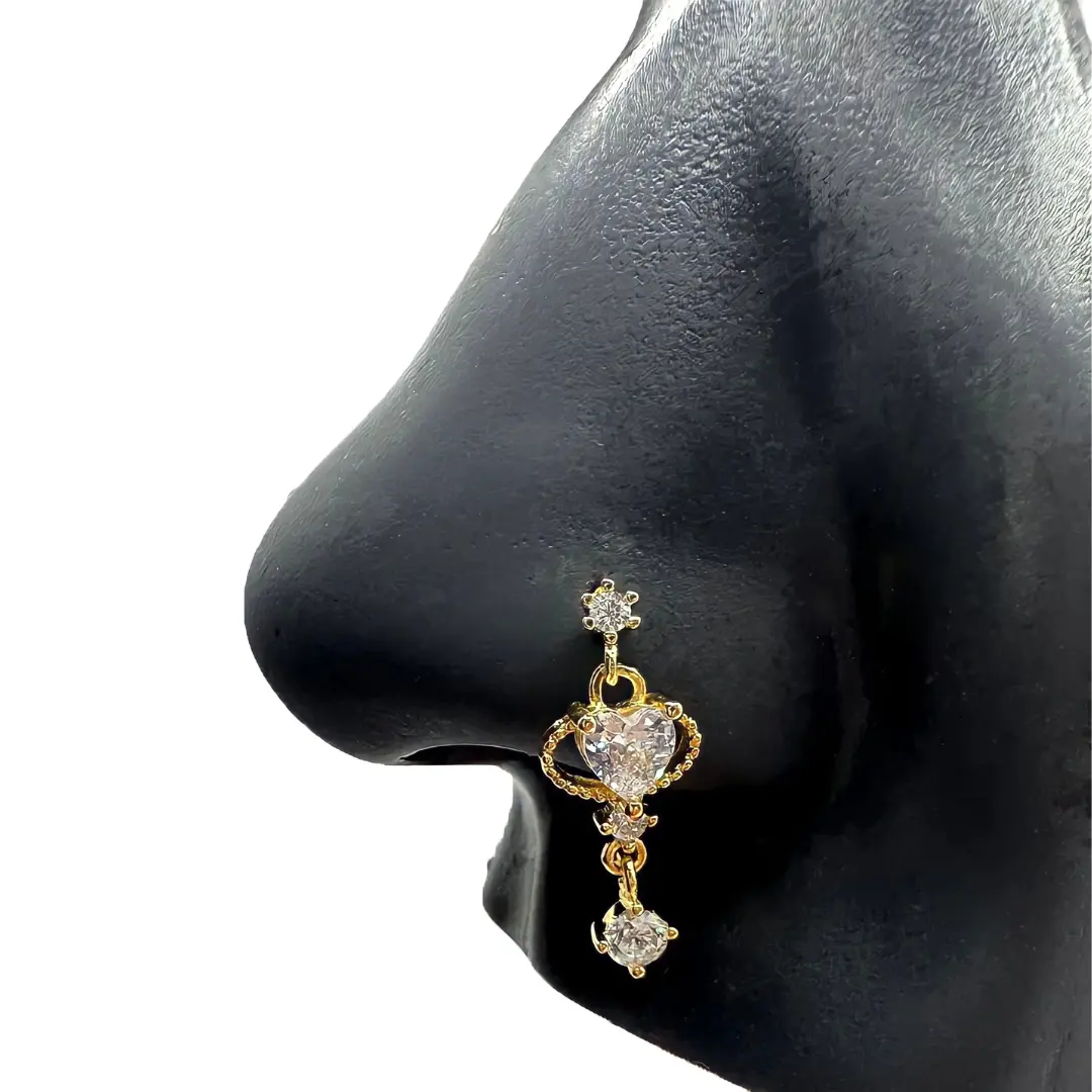 STATEMENT GOLD | Exotic Dangling Heart Nose Stud, Nose Ring, L Shape Nose Jewelry, Nostril Piercing, Hypoallergenic Nose Jewelry, 20 gauge Nose Rings