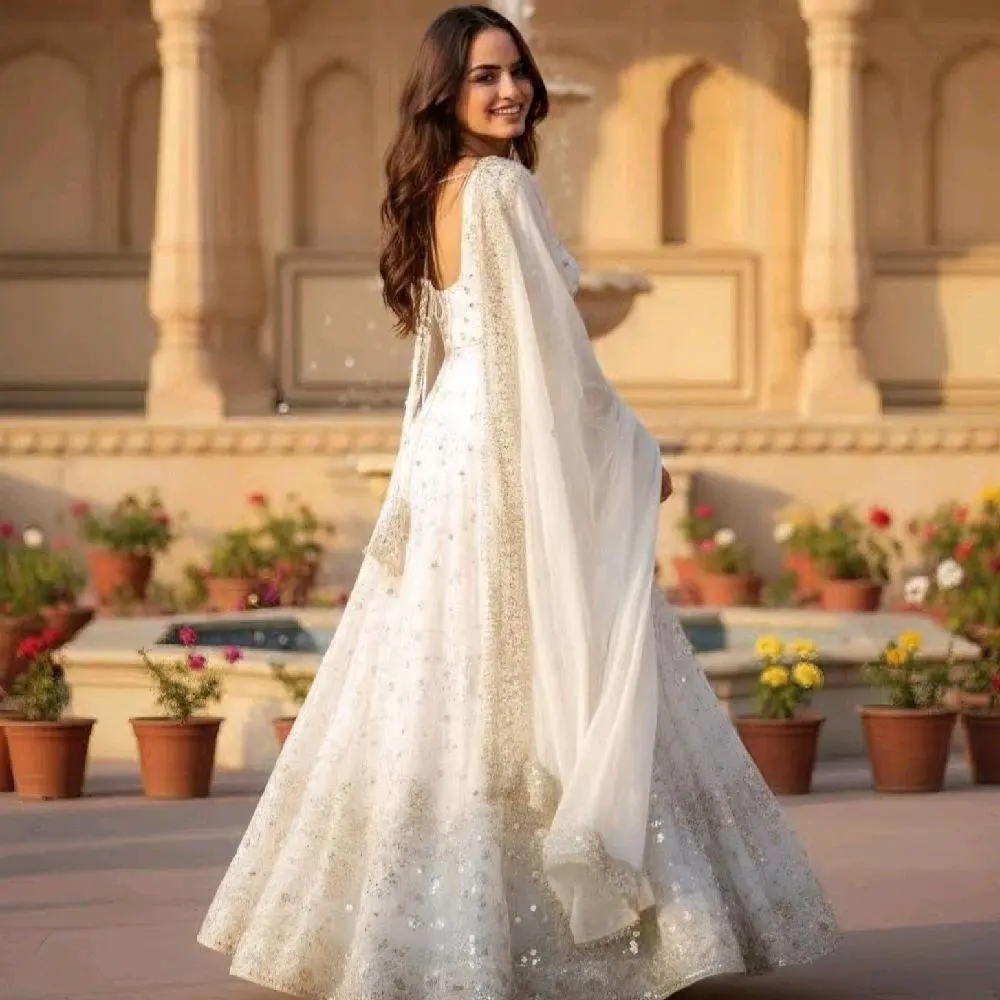 Elegant White Embroidered Anarkali suit with Embroidery Dupatta Dress Elegance Formal Matching