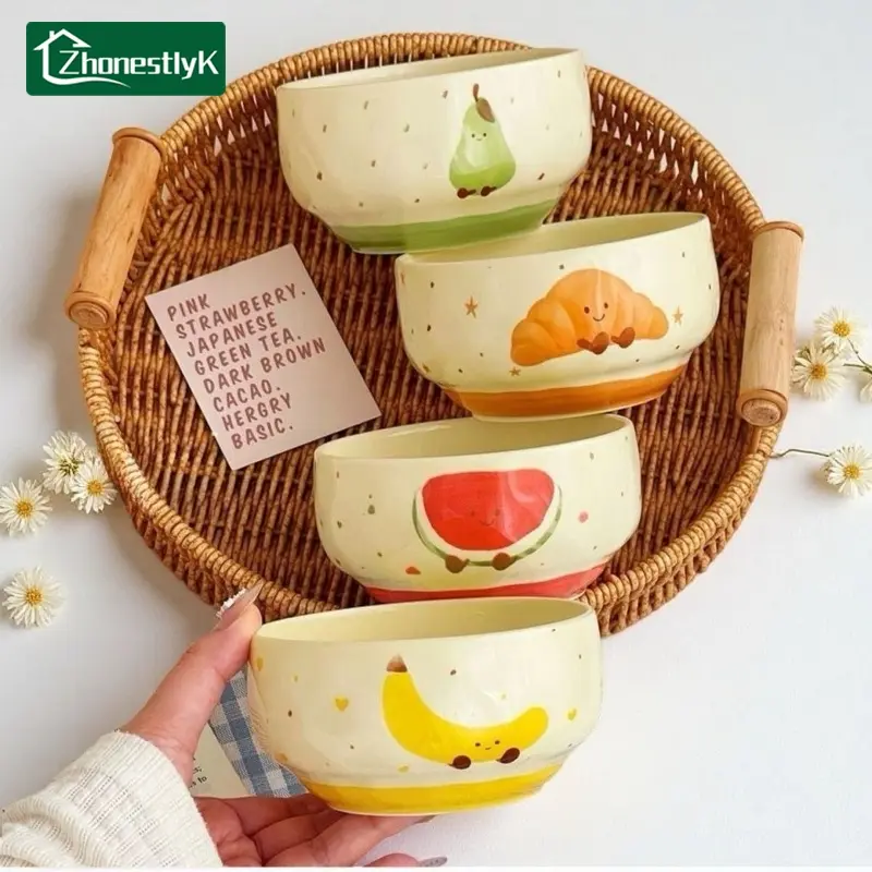 Set of 4 Cute Fruit & Bread Ceramic Bowls with Spoon, Cartoon Anti-Scald Soup Bowls, Home Kitchen Noodle Bowls, Ramen & Rice Bowls, Tableware for Couples