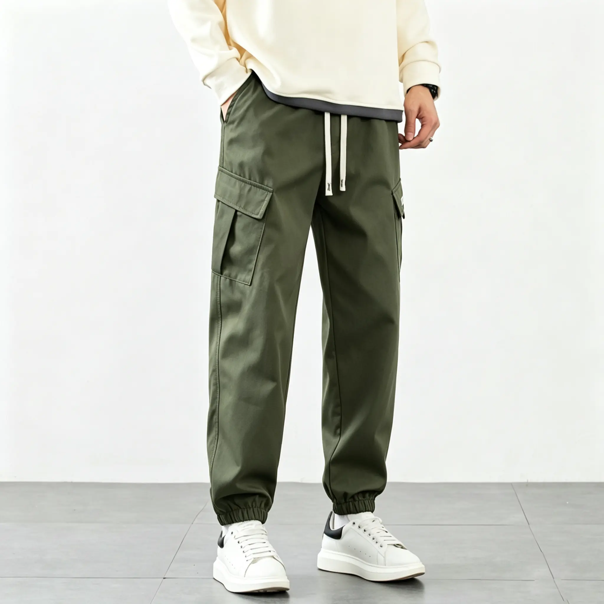 Men’s Plain White Breathable Smooth Fabric Cargo Jogger Pants - Menswear, Elastic Drawstring Waist, Trendy Multi-Pocket Design with Label Detailing, Spring/Autumn Athletic Casual Long Pants