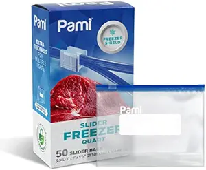 PAMI Freezer Slider Quart Bags [50 Pieces]- Leakproof Food Storage Freshness-Lock Bags With Expandable Bottom- Food-Safe Slider Zipper Bags With Freezer Shield Technology- Thick & Reusable Sandwich Bags