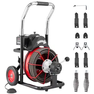 【fathersdaygift】VEVOR Drain Cleaner Machine 100FT x 1/2 Inch, Auto Feed Sewer Snake Auger on Wheels, 550W Portable Drain Cleaning Machine with 8 Cutters & Air-activated Foot Switch for 2" to 4" Pipes