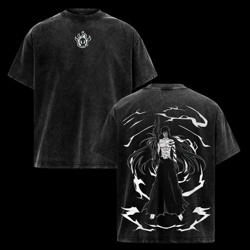 Men's Vintage Graphic Print Oversized Washed Cotton T-Shirt - Kurosaki Ichigo/Attack On Titan Anime Theme, Round Neck, Distressed, Short-Sleeve, Streetwear, Sportswear, Fitted, M/L