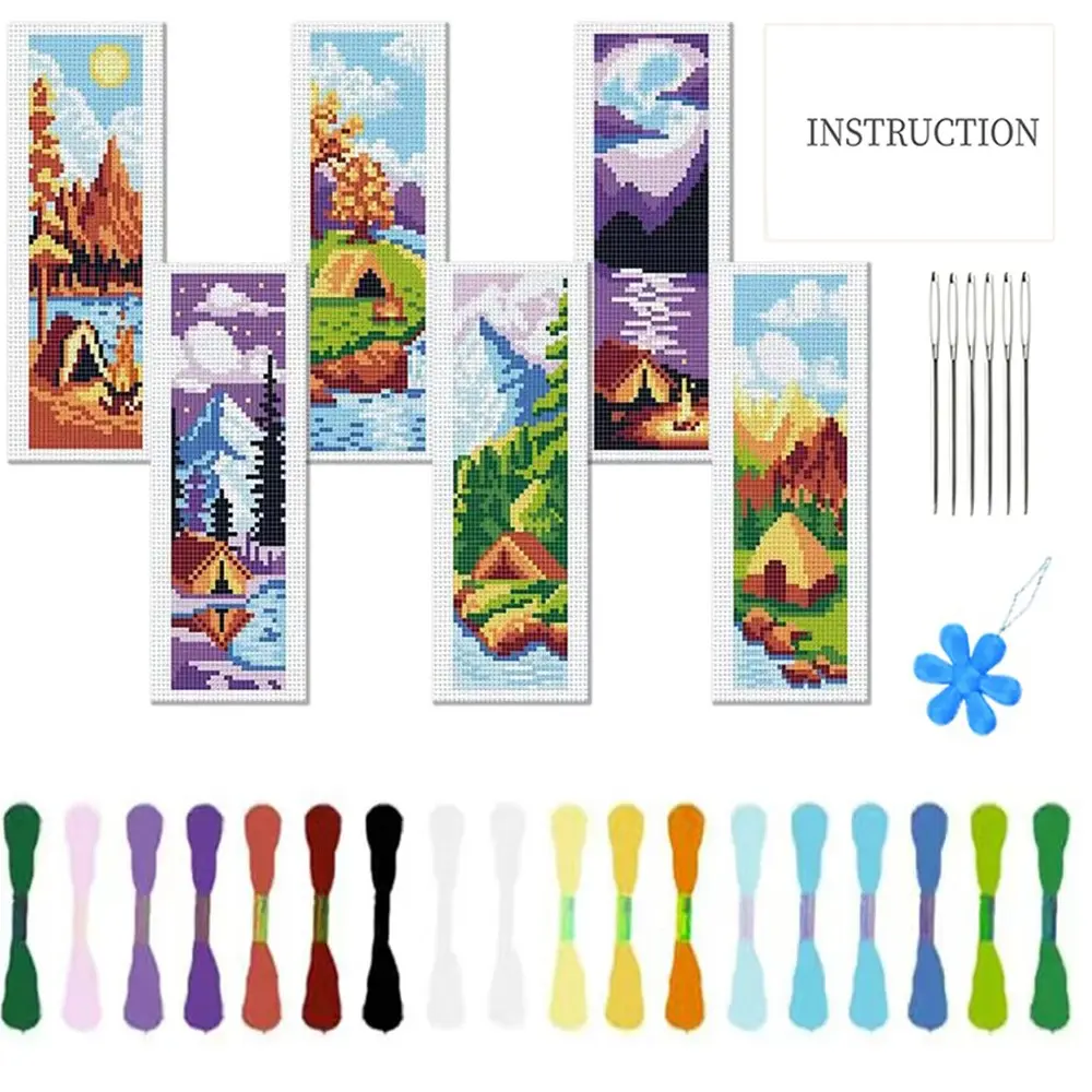 6-Piece Outdoor Camping Landscape Cross Stitch Embroidery Bookmark DIY Art Set, Beginner-Friendly Fabric Bookmark Kit, Instructions, Perfect for Sewing Beginners & Craft Lovers, Handmade Bookmarks