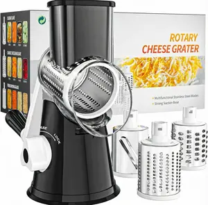 Rotary Cheese Grater Hand Crank Cheese Shredder for Fresh Cheese, Vegetable, Nuts,Non-slip Suction Base, Free Cleaning Brush Three Blades, Black