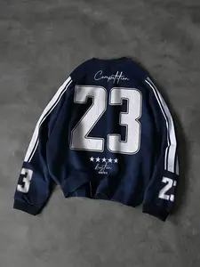 Oversized Blockcore Crewneck Sweatshirt for Men with Retro Number 23 Graphic, Vintage Navy Blue Sporty Pullover for Campus Life & Streetwear Aesthetic