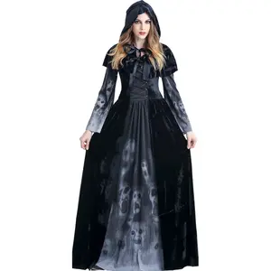 Halloween Adult Reaper Long Dress Horror Skull Vampire Cosplay Suit Bar Stage Costume