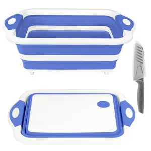 Collapsible Cutting Board, Foldable Chopping Board with Colander, Multifunctional Kitchen Vegetable Washing Basket Silicone Dish Tub for BBQ Prep/Picnic/Camping