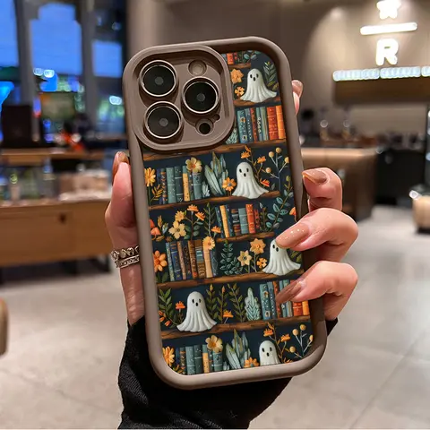 Vintage Ghost Bookshelf Pattern Soft Silicone TPU Cellphone Case, Durable Casing Cover for iPhone 17,16,16 Plus,15,14 Pro Max,13,12,11,Air,XR,XS,E, Raised Lips, Anti-Drop Shockproof, Device-Hugging, Anti-Yellowing Rugged Accessory