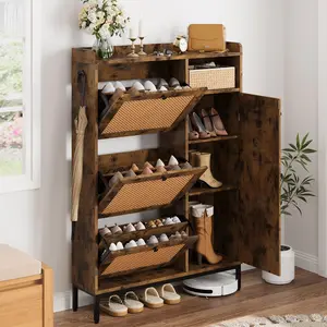 Rattan Shoe Cabinet with 3 Flip Drawers and 4-Tier Shoe Storage Cabinet, Freestanding Shoe Organizer with Adjustable Shelves for Entryway, Closet Metal Racks