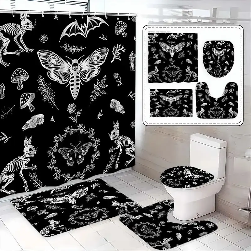 1/4-piece skull and moth pattern shower curtain set, includes a non-slip mat, U-shaped rug, and toilet seat cover, perfect for bathroom decoration, comes with 12 shower curtain hooks, Bathroom decoration accessories