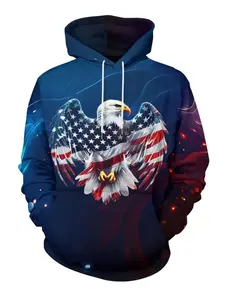 Men's All-Season 3D Flag Hoodie, Eagle Print Casual Loose Fit Pullover, Blue Design, Long Sleeve, Durable Leisure Wear