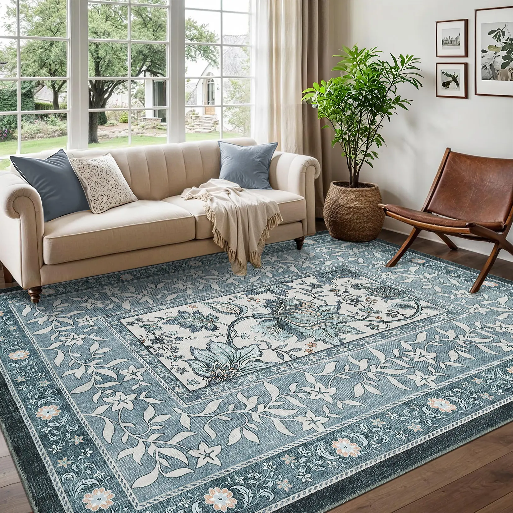 Vintage Floral Rug Distressed Printed Carpet Ultra-thin Foldable Indoor Rug Anti-fouling and Anti-slip for Bedroom Farmhouse Apartment Office