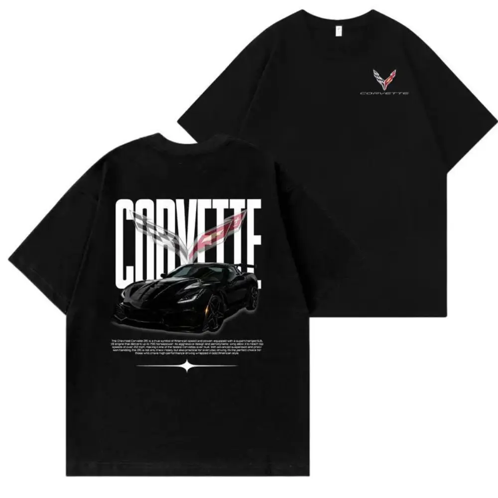 Corvette T-Shirt, Black Corvette C7 Stingray Sports Car Graphic, Chevy Corvette Logo Graphic Shirt, For Car Enthusiasts & Gearheads, Gift for Muscle Car Lovers