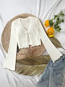 Women's Hollow Out Front Tie Shell Edge Long Sleeve Bell Sleeve Knitwear Cardigan, Stylish Chic Open Front Design, Perfect for Casual Wear & Layering