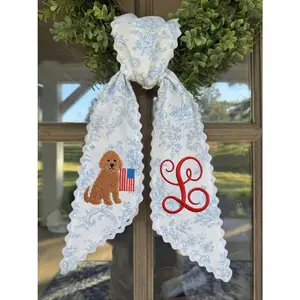 Wreath Sash Fourth July, Custom Patriotic Wreath Sash, Embroidered Monogram, Rick Rack Trim