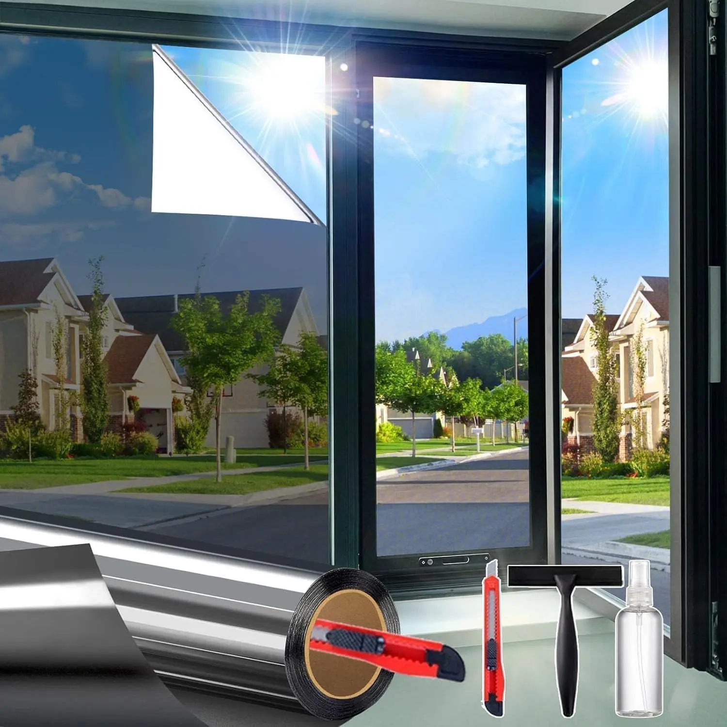 See Out Not in Daytime Window Privacy Film Glass Windows Coverings Sun Heat UV Blocking, Black-Silver, 17.5" X 78.7"
