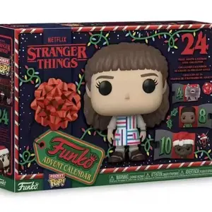 Classic Funko Pop! Eleven Big Head Q Version, Bangs Curly Hair, Large Round Eyes, Christmas Decor Background, Festive Mood