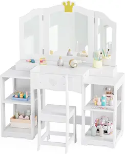 JOYMOR Kids Vanity Table and Chair Set with Tri-Fold Mirror, Extra-Wide Kids Vanity Set, Princess Dressing Table with Stool for Girls Ages 3-8