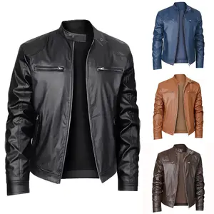 High-Quality Men's Stand Collar Slim Fit Leather Jacket with Zipper Pockets Decorative Leather Coat Motorcycle Men's Leather Jacket