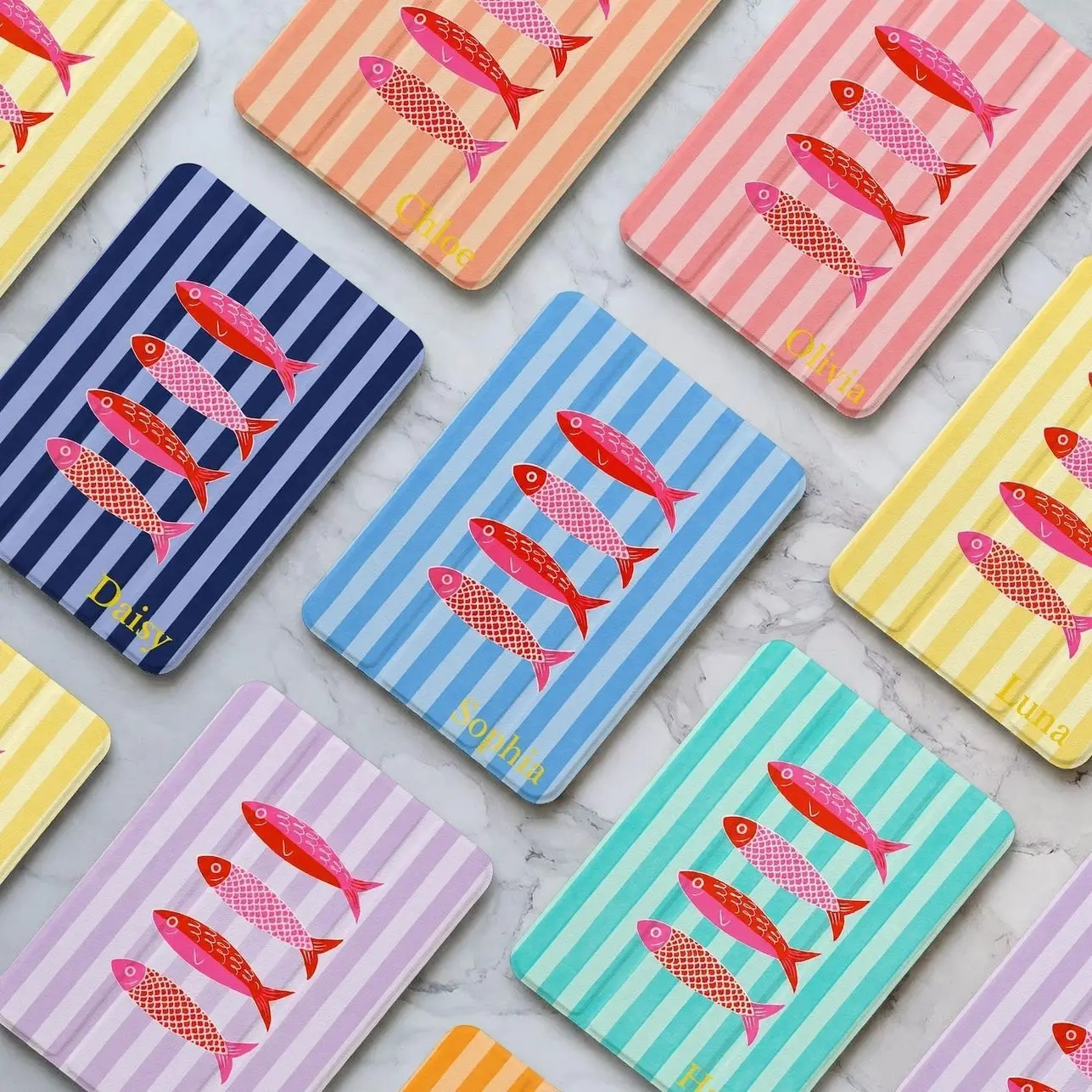 Personalized Stripe Fish iPad Case with Pencil Holder, Fits iPad Air 7/6, iPad Pro 11/13, iPad 11/10/9, Initials iPad Mini 6 Aesthetic Cover
