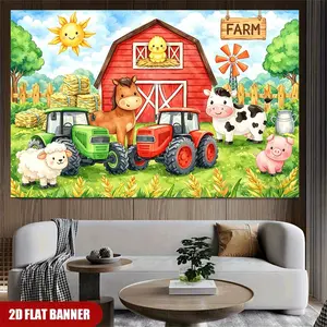 2D 1pc Barnyard Farm Banner, Cute Farm Animals & Red Barn Backdrop, Cartoon Farmyard Scenery Background for Kids Birthday, Farm Themed Party, Photo Booth