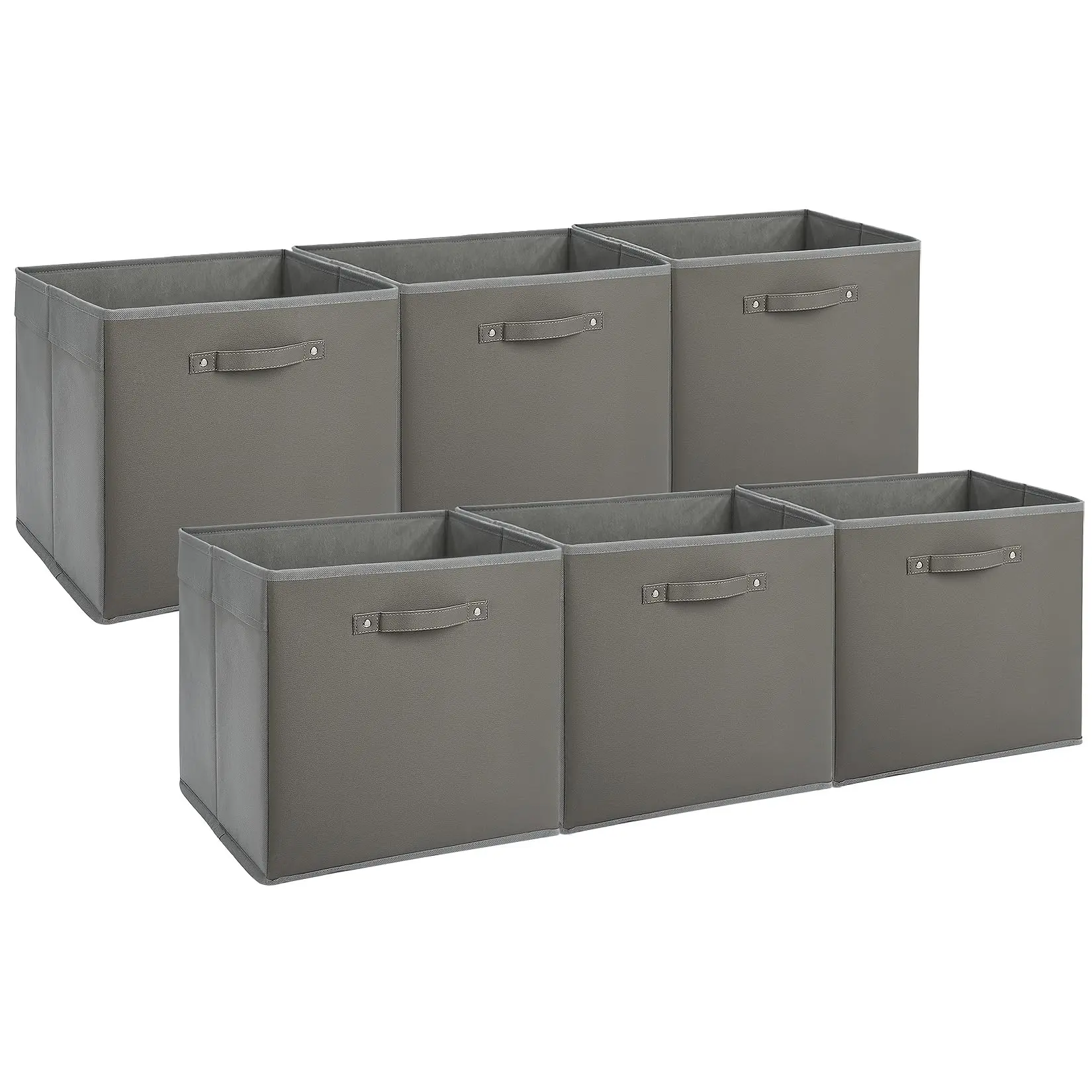 Gray Fabric Storage Bins (6-Pack, 13in) with Faux Leather Handles - Foldable Cube Organizer Baskets for Bedroom Closet Organizer, Wardrobe, Decor, Clothes, Blankets, Slide