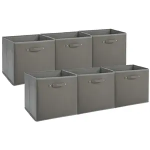 6-Pack 13 Inch Fabric Storage Bins with Faux Leather Handles, Foldable Cube Organizer Baskets for Shelves and Closet, Collapsible Storage Boxes for Clothes Toys, Gray