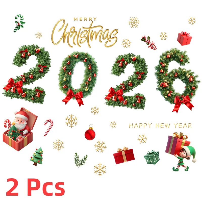 2 PCS PVC 2026 Christmas Window Clings - Waterproof Digital Art Deco Decals, Easy-to-Use Versatile Festive Decorations for Home Winter Party, Ideal for Christmas Tree Displays