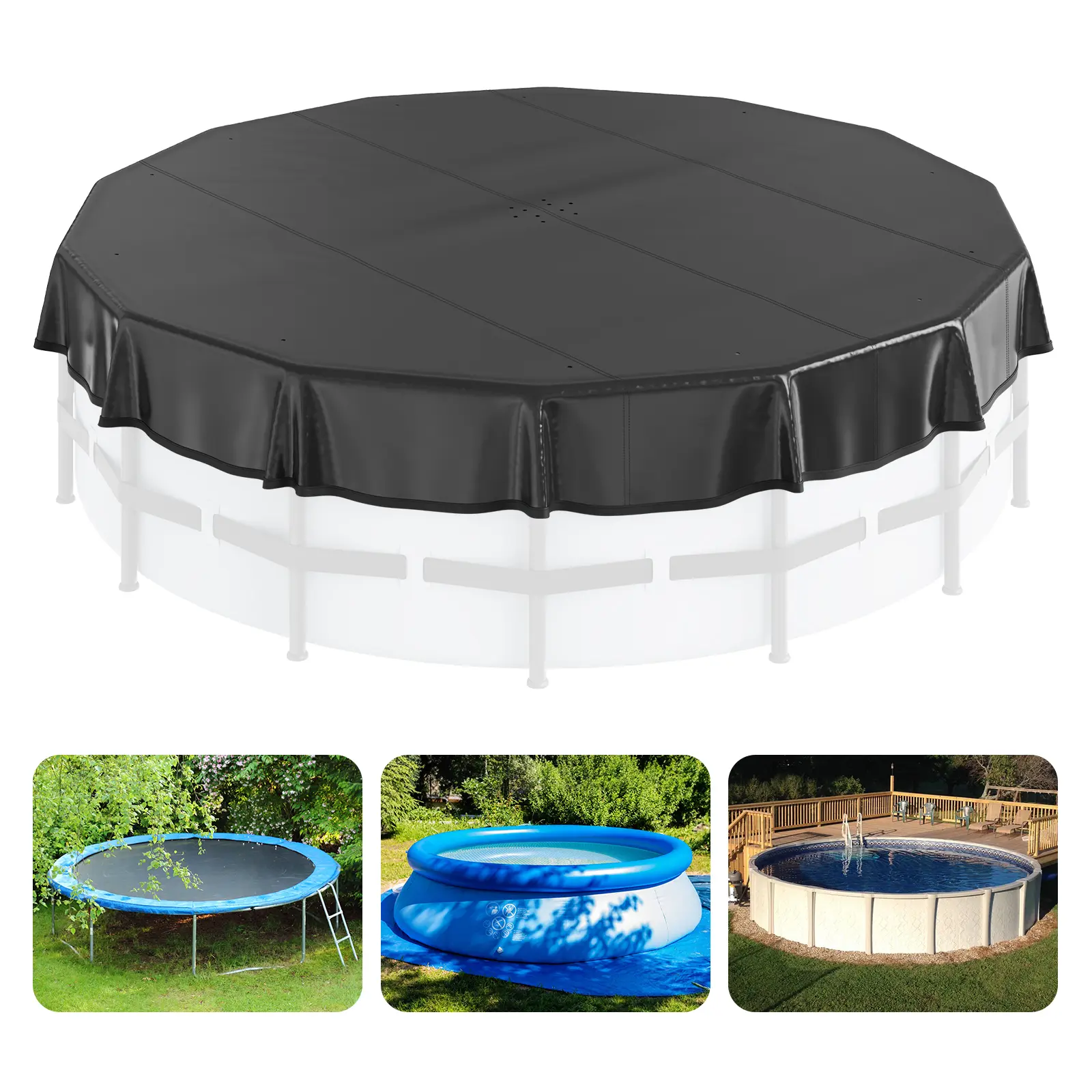VEVOR 15 Ft Round Pool Cover, Solar Covers for Above Ground Pools, Safety Pool Cover with Drawstring Design, PVC Winter Pool Cover, Waterproof and Dustproof, Black Pet Thick