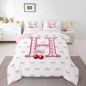 Initial H Letter Comforter Set,Bowknot Coquette Decor Bedding Set,Cartoon Cherry Bow Tie Comforter,Dreamy Princess Style Duvet Insert