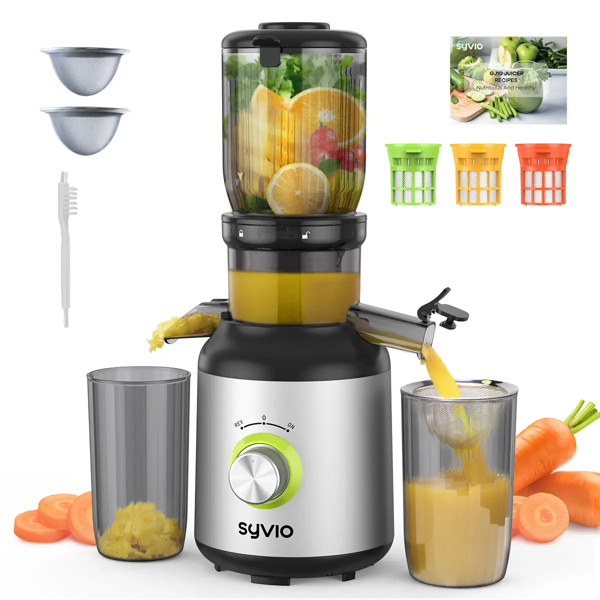Syvio Juicer Machines Cold Press with 3 Detachable Filters 64 RPM Slow Masticating Technology Large Feed Chute Easy Clean BPA Free Silver,home essentials