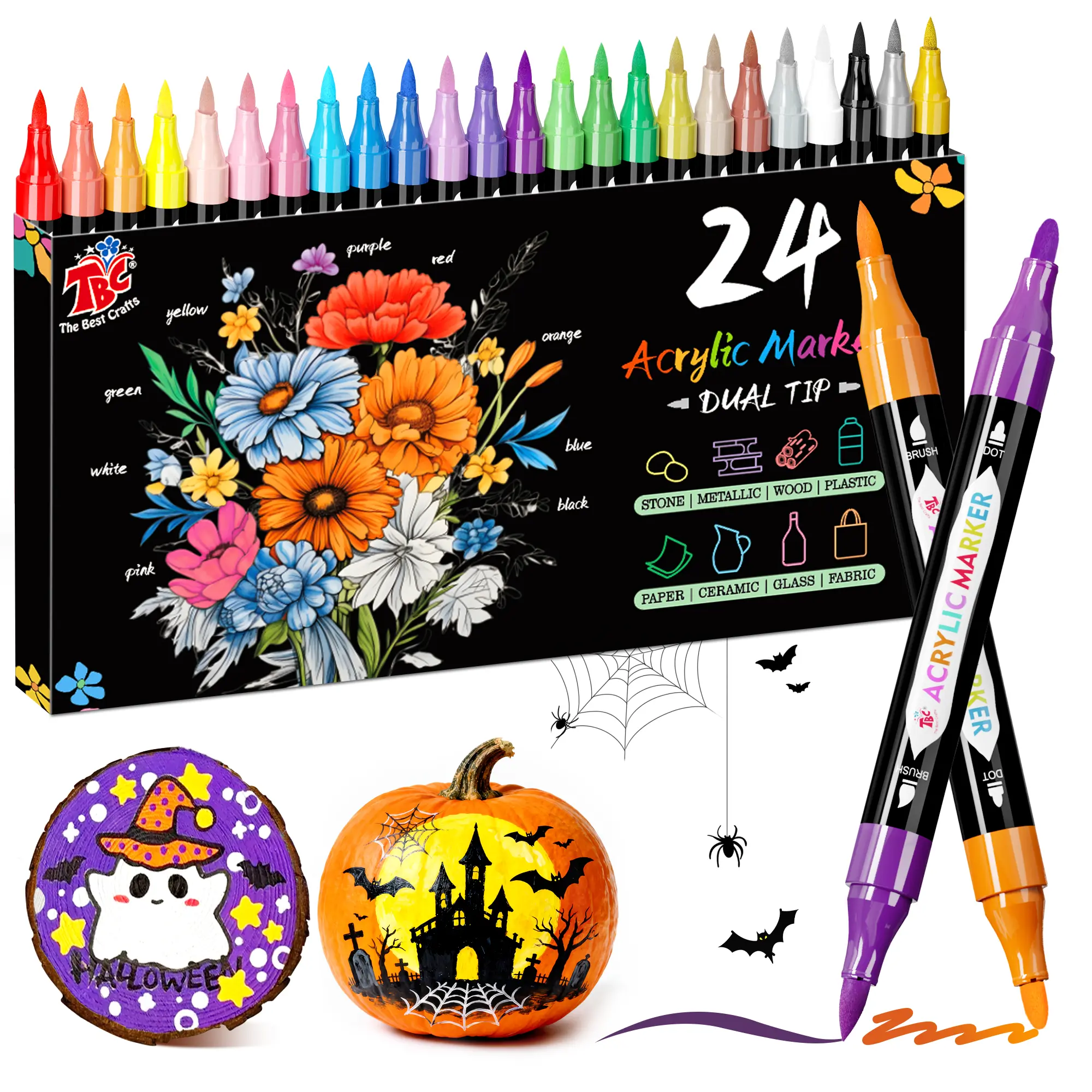 TBC The Best Crafts 24-Colors Dual Tip Acrylic Paint Markers, Brush & Fine Tip, Waterproof Non Toxic Paint Pens for Rock Wood Glass Canvas DIY Crafts Art Supplies