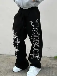 Men's Casual Sporty Long Pants, Cross & Gothic Thorn Pattern Print, Drawstring Wide Leg, All Season Loose Fit, Men's Fashion, Menswear