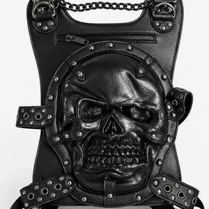 Gothic Skull Print Premium Designer Chain Backpack, Travel Luggage Bags, Black Backpacks (SKU: 3225)