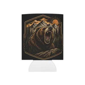 Roaring Bear Mountain Scene Regular Can Cooler - Lightweight Kitchen Water Cooler with Bear Graphic, Forest Outdoor Use