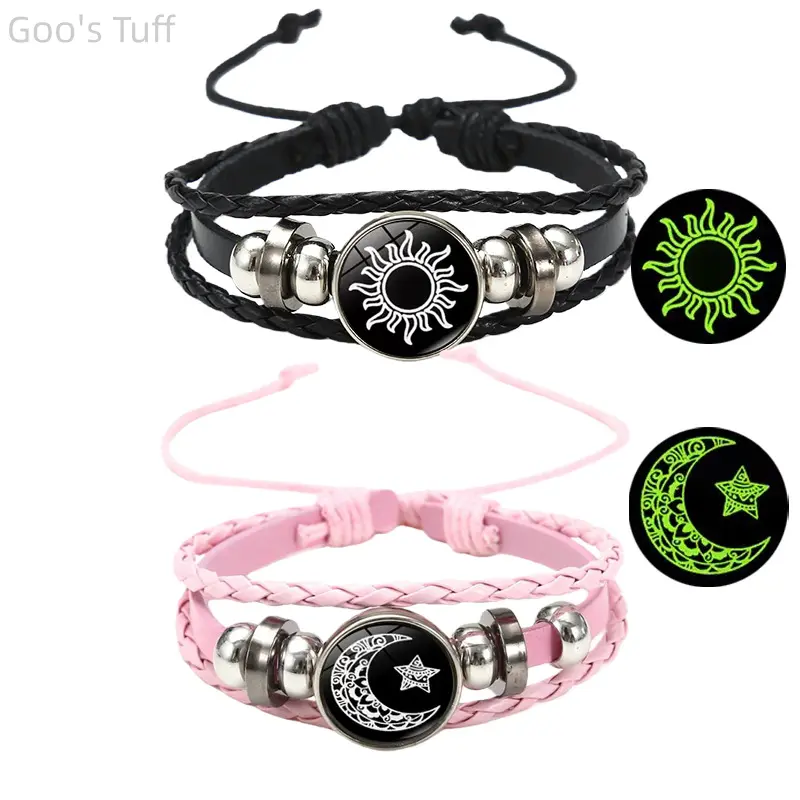 Glow In The Dark Sun Moon Couple Leather Bracelet Vintage Punk Multi Layer Braided Beaded Adjustable Luminous Wristband Boho Matching Jewelry Valentine Gift For Her Him