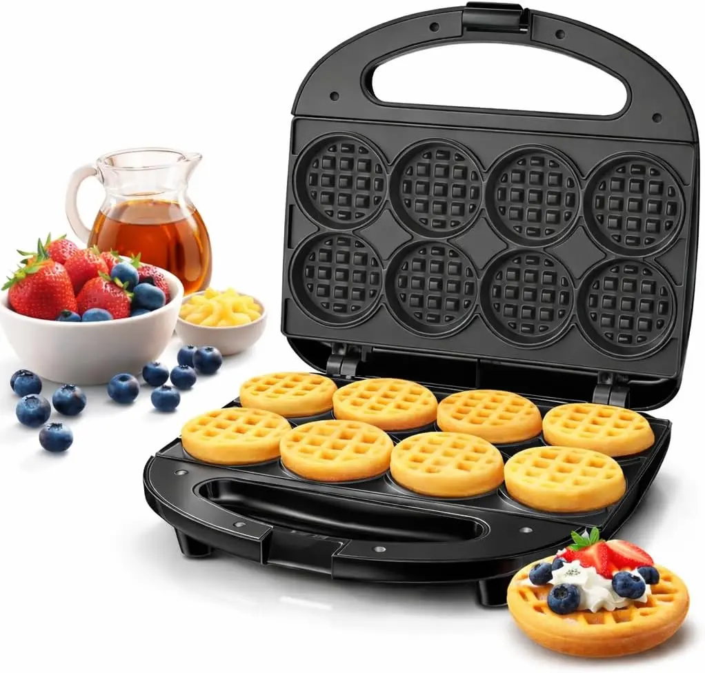 OSTBA Mini Waffle Maker: 750W Powerful Heating, Cooks 8/2 Waffles at Once, Fast & Even Cooking, Non-Stick & Easy Clean, Compact & Portable for Family Breakfast