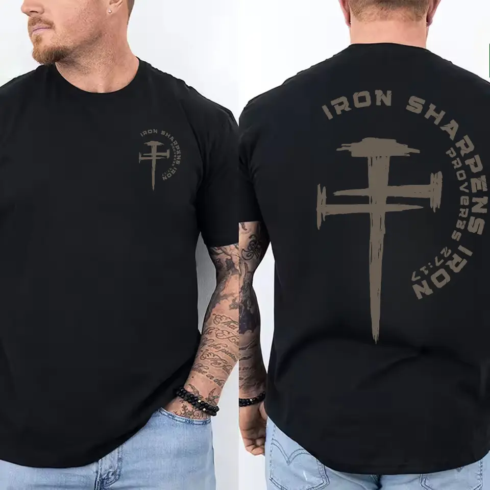 Men's Short-Sleeve T-Shirt, Iron Sharpens Iron Proverbs 27:17 Christian Cross Design