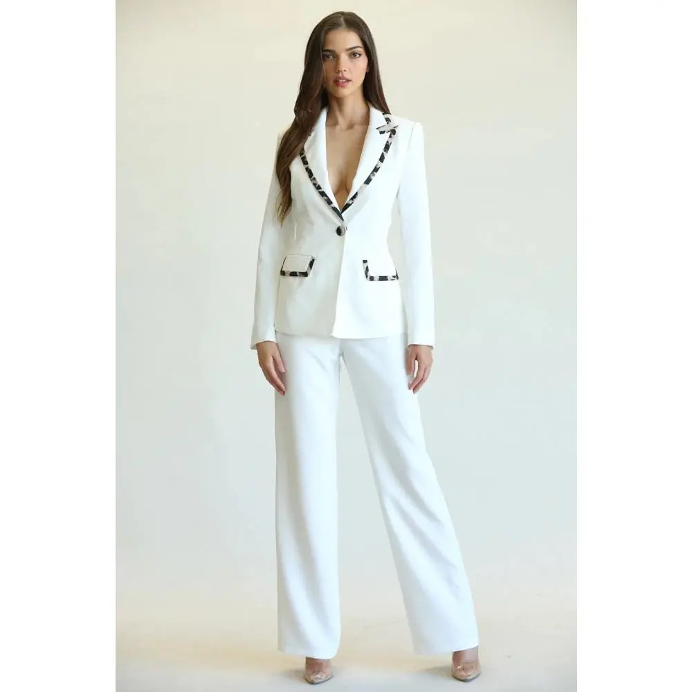 Two Piece Tailored Animal Print Contrast Pant Suit - White