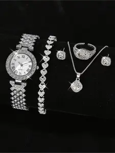 6PCS Gorgeous Rhinestone Steel Band Women's Silver Quartz Watch Bracelet Necklace Earrings Ring Fashionable Jewelry Set Women's Watch